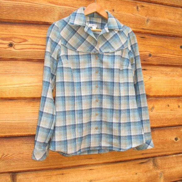 Green Plaid Wool Shirt Top - Picture 2 of 6